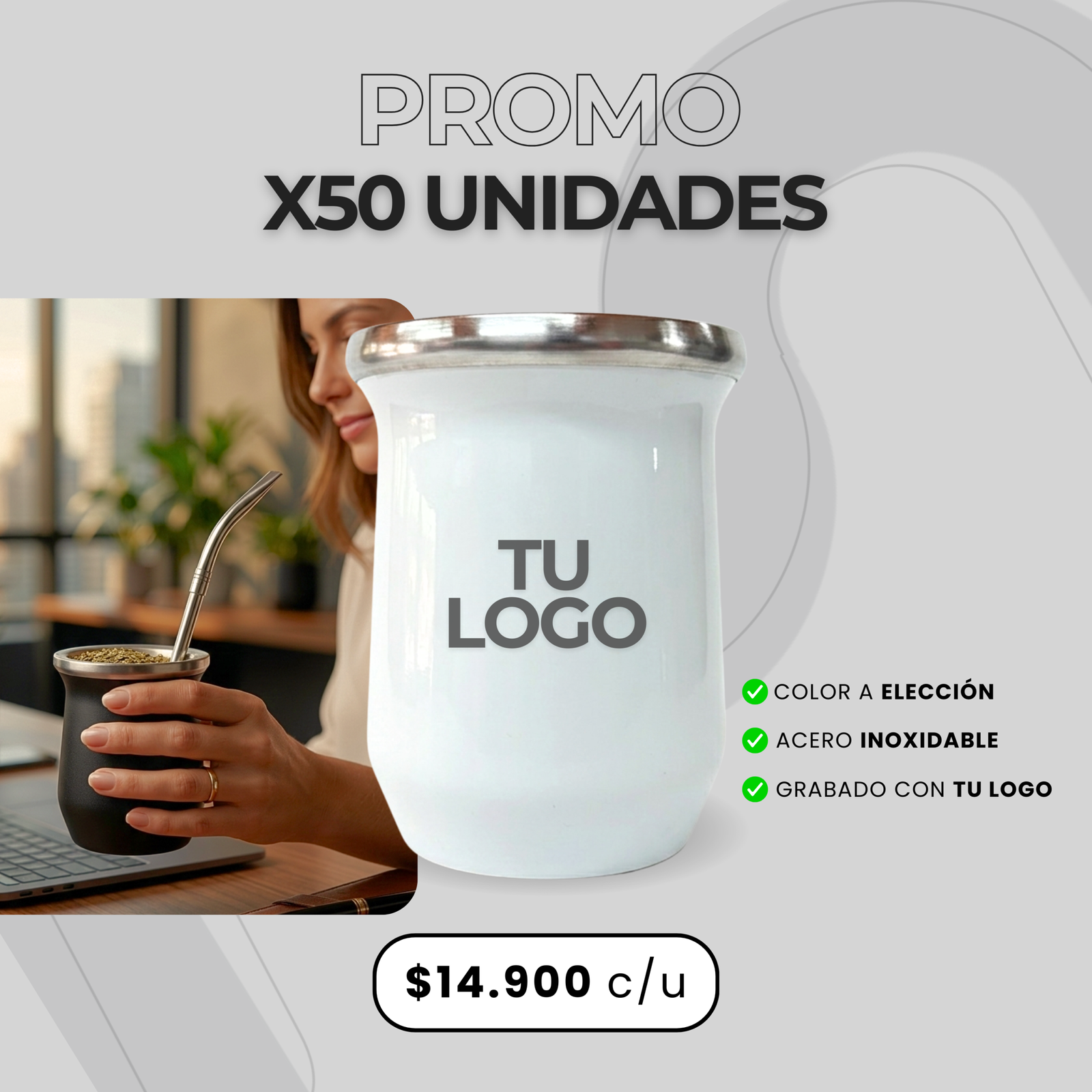 Mates térmicos Premium de acero inoxidable con grabado láser personalizado — desde 50 unidades (color a elección)