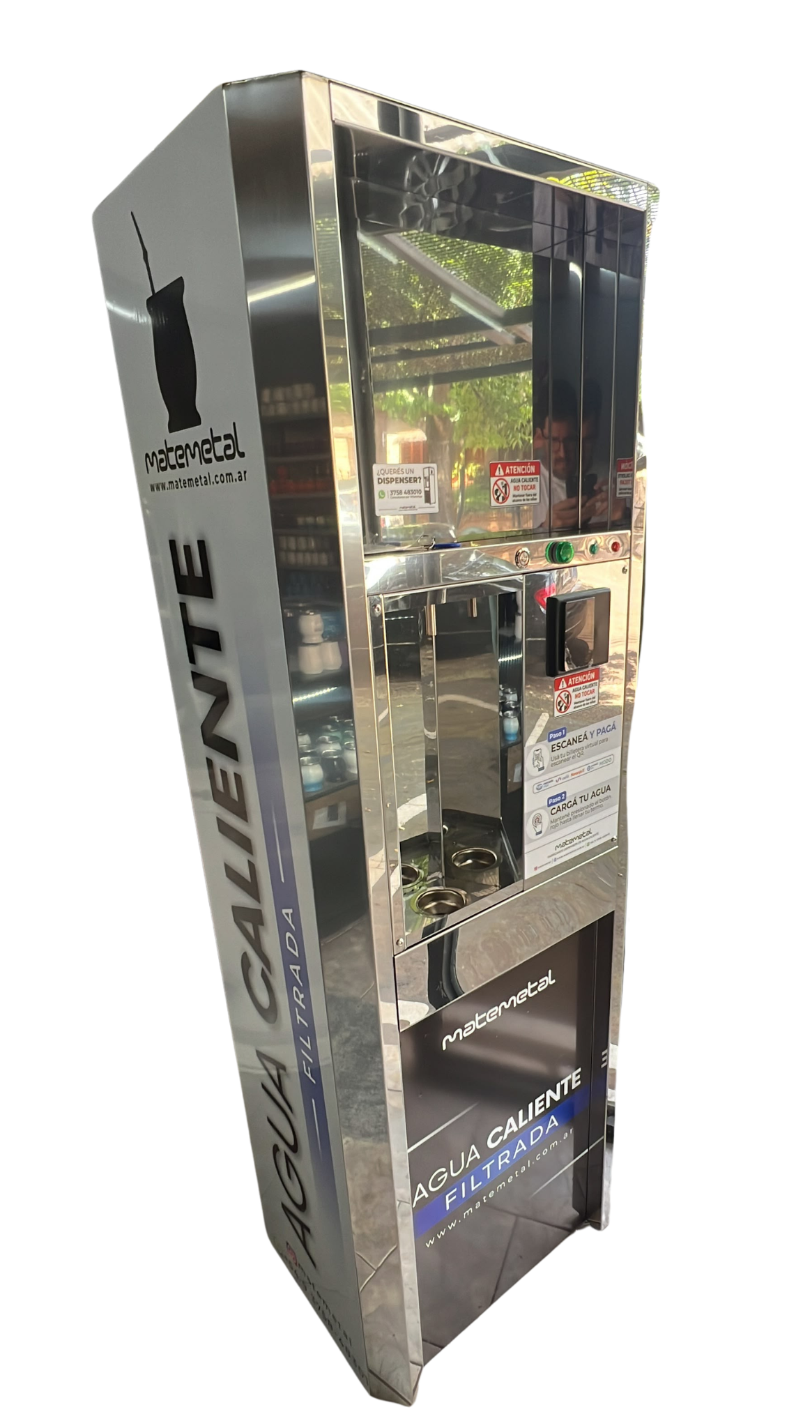 Dispenser Matemetal de agua caliente filtrada con sistema de cobro QR