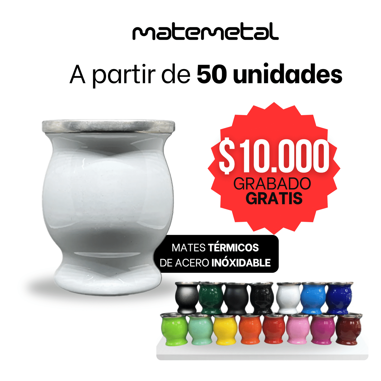 Mates térmicos de acero inoxidable grabado en láser personalizado por 50 o más unidades (color a elección)