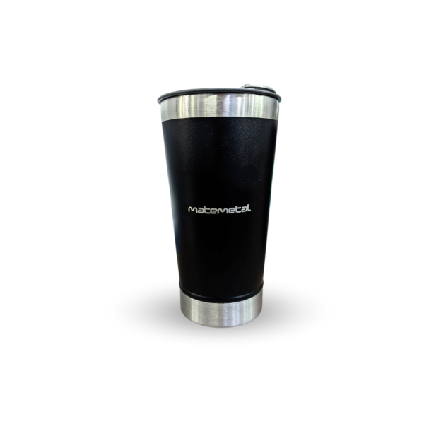 Vaso térmico personalizado de acero inoxidable con tapa y destapador.